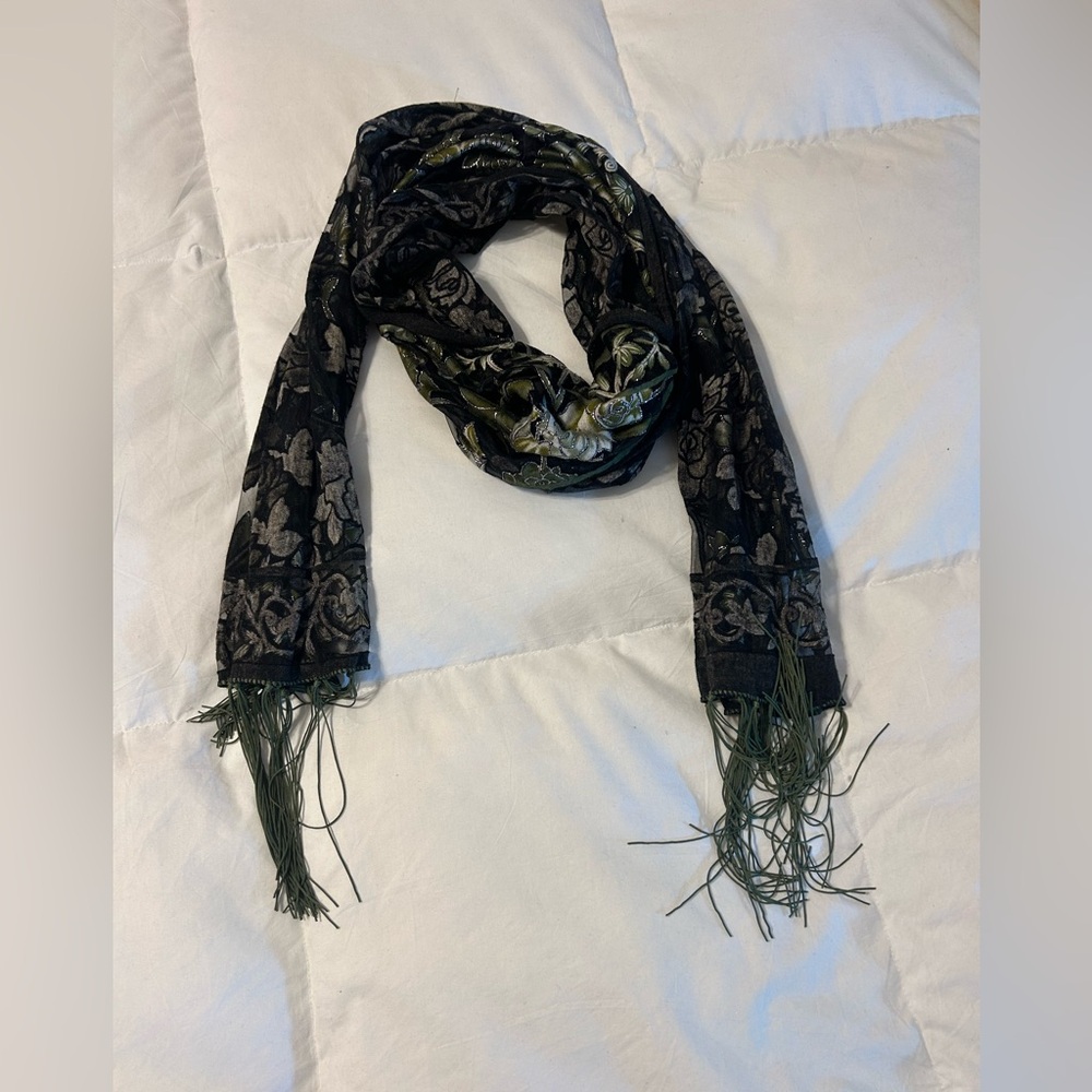 Elegant Black and Green Floral Scarf